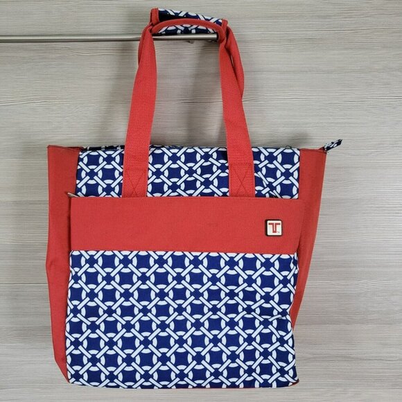 Travelon Red & Blue Geometric Travel Tote Bag With Zipper Closure & Inner Pocket - Picture 1 of 12
